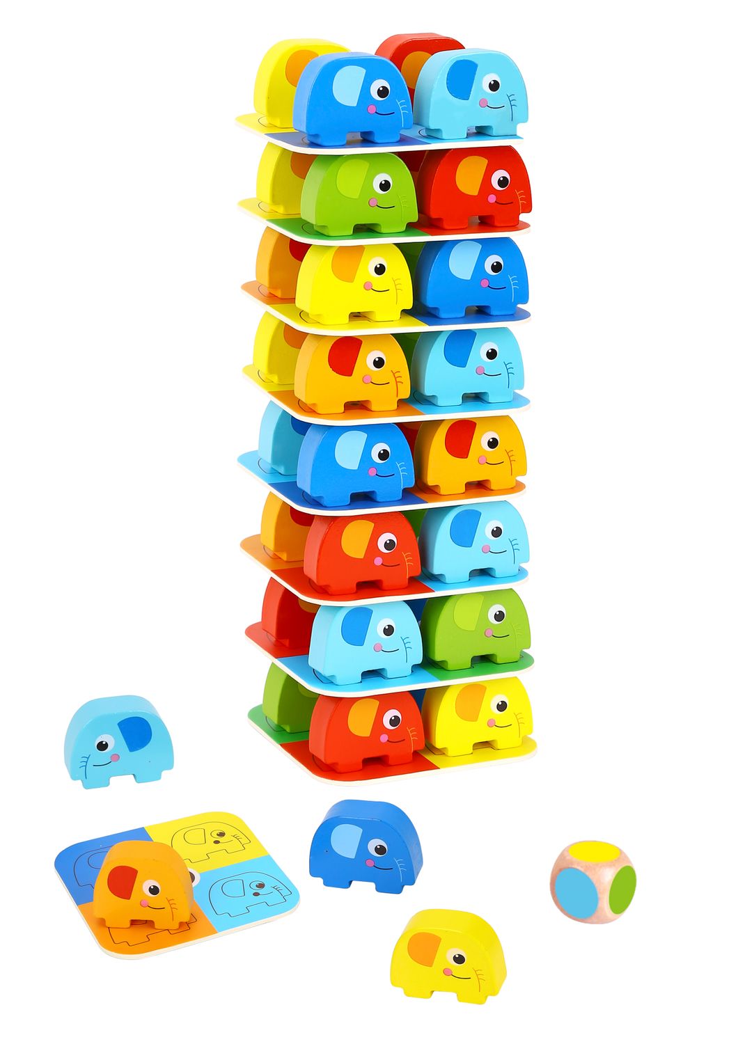 Tooky Toy Stapelturm TKF070A 46 Teile Höhe 38 cm Elefanten Würfel Balancierspiel bunt