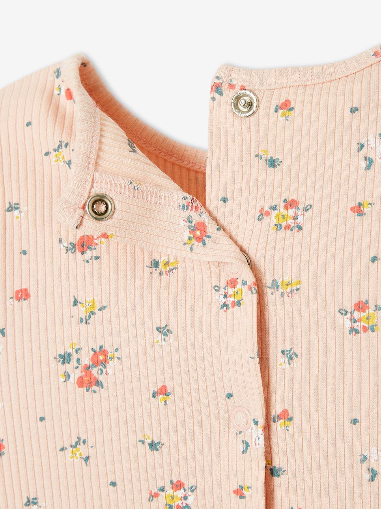 Camiseta floral canelada para bebê, estampa rosa claro