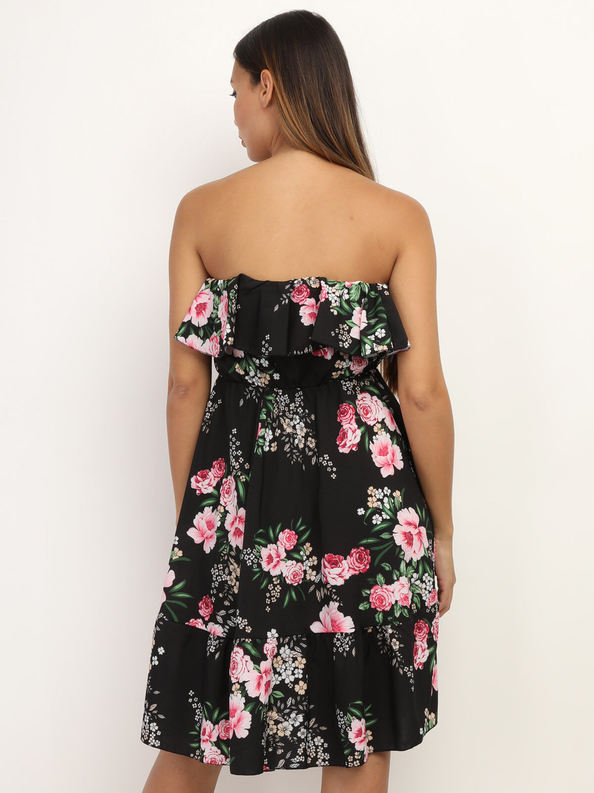 Robe bustier à volants et imprimé fleuri- Noir