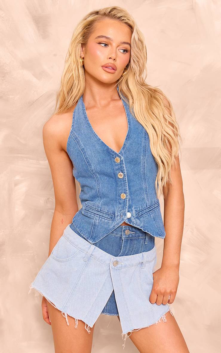 Bleu Mini-jupe En Denim Bicolore À Double Ceinture