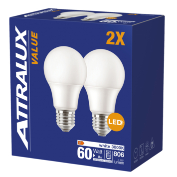 Attralux LED E27 60W 3000K frosted 2 stuks