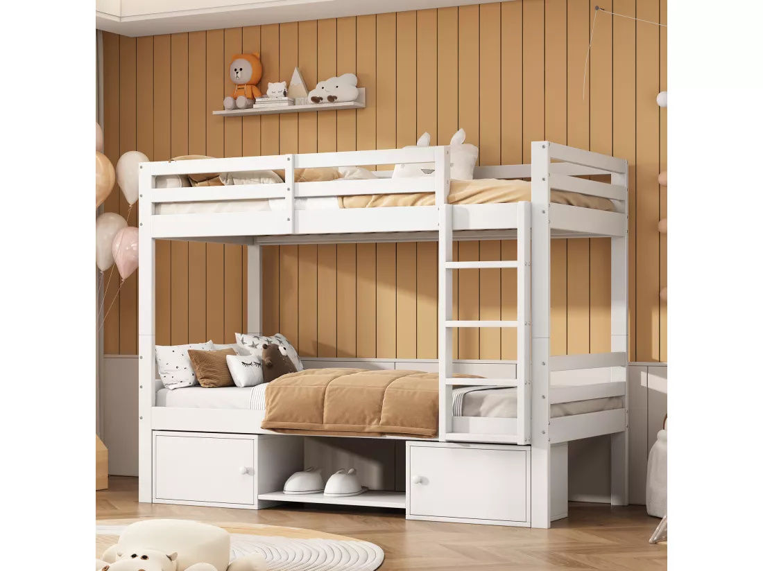 Lit superposé pour enfant - 2x90x200 cm - 2 casiers et étagères à chaussures - blanc