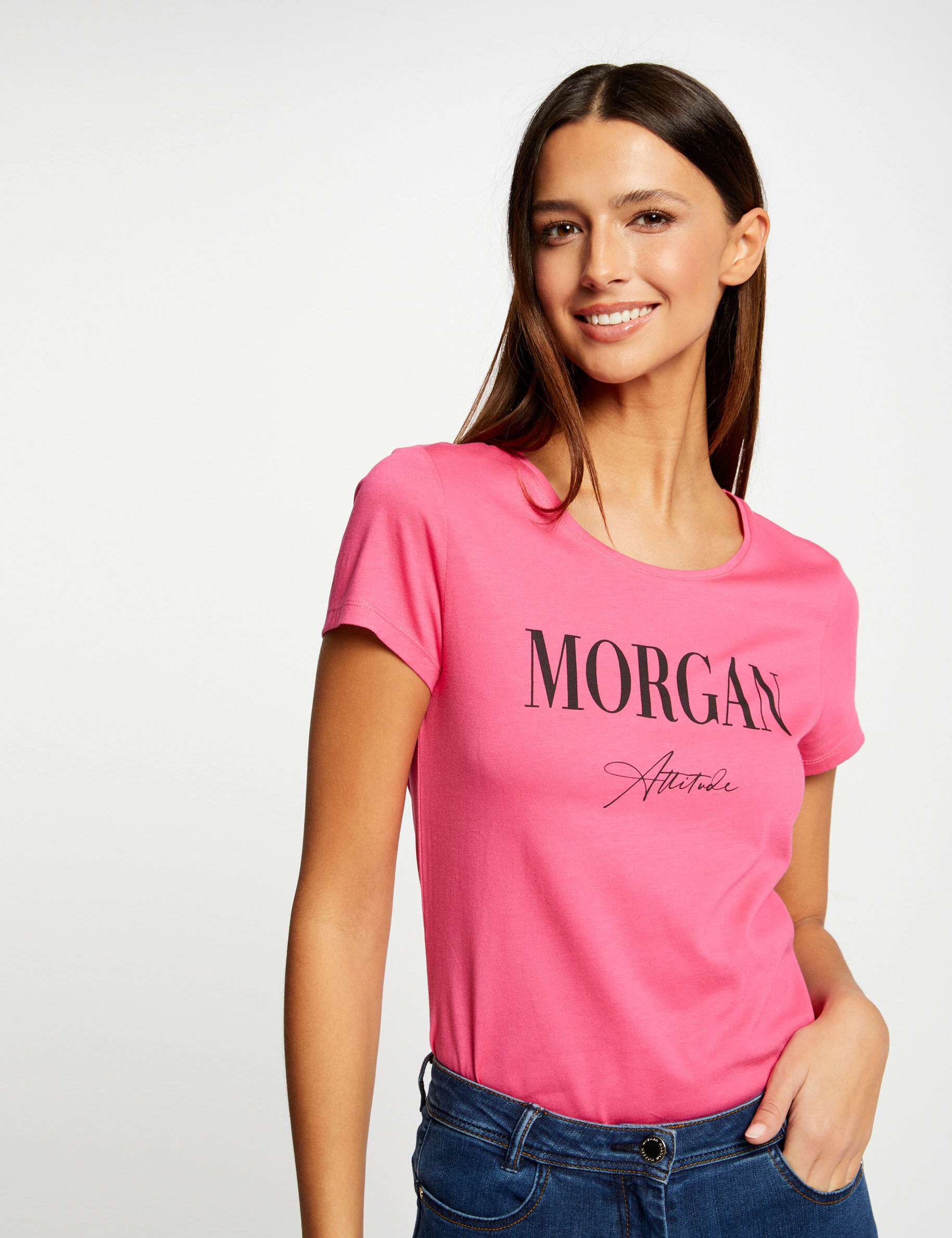 T-shirt manches courtes à inscription fuchsia femme - fuchsia