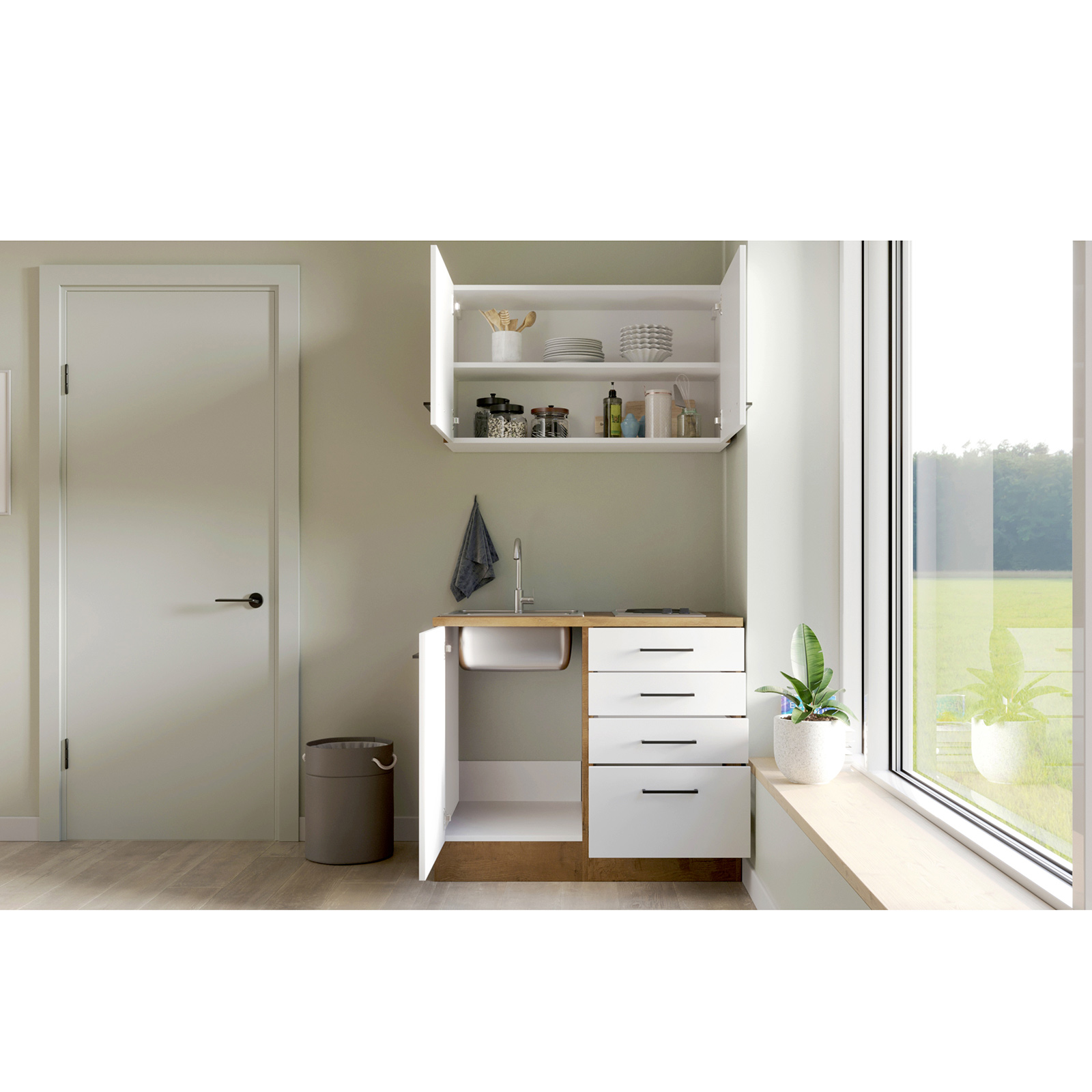 Küchenblock VINTEA - Magnolia matt - Lancelot Oak - mit Kochfeld - 100 cm