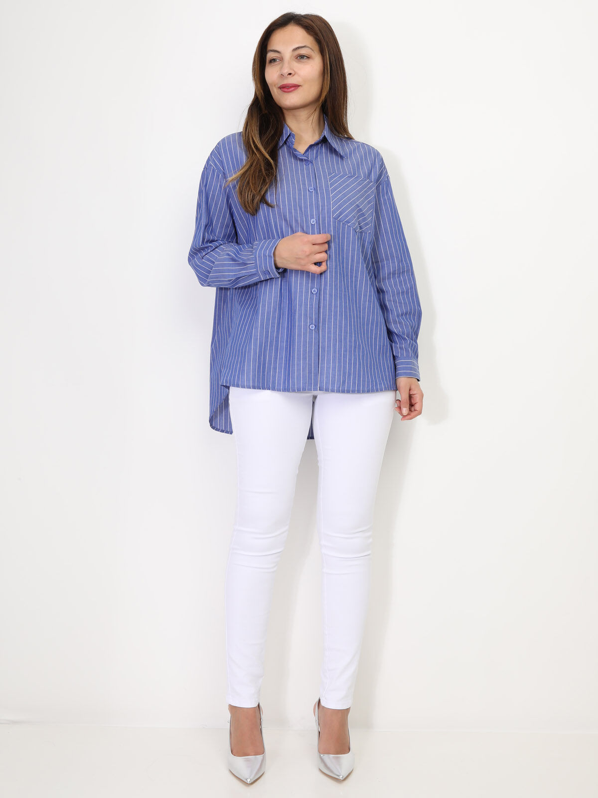 Chemise asymétrique et oversize à rayures- Bleu foncé