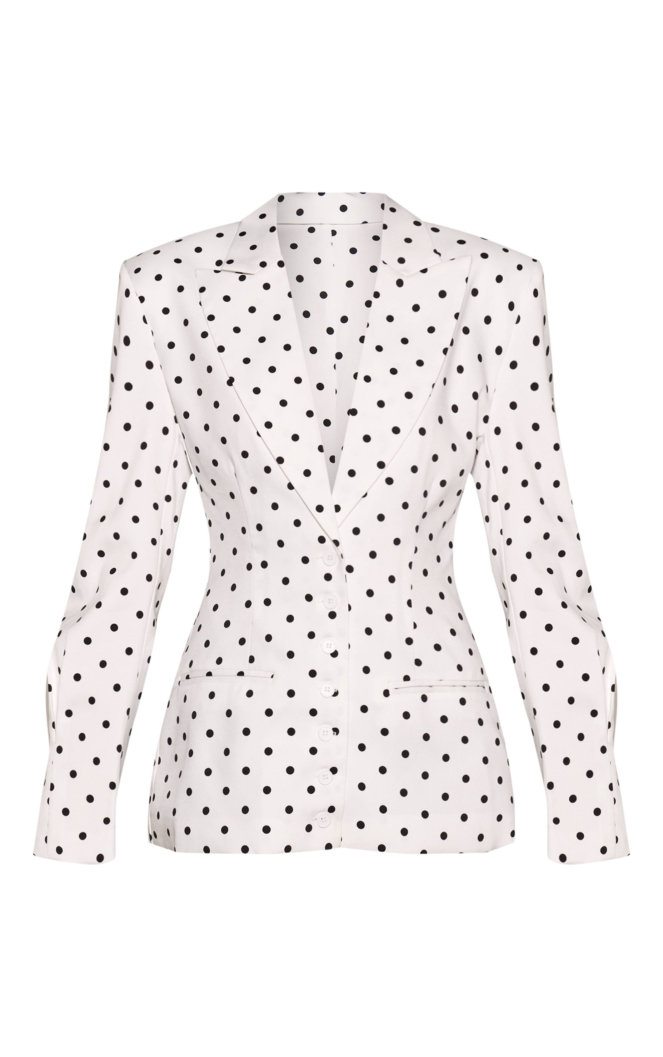 White Polkadot Blazer Crème À Revers Détaillés Avec Bouton Et Taille Cintrée