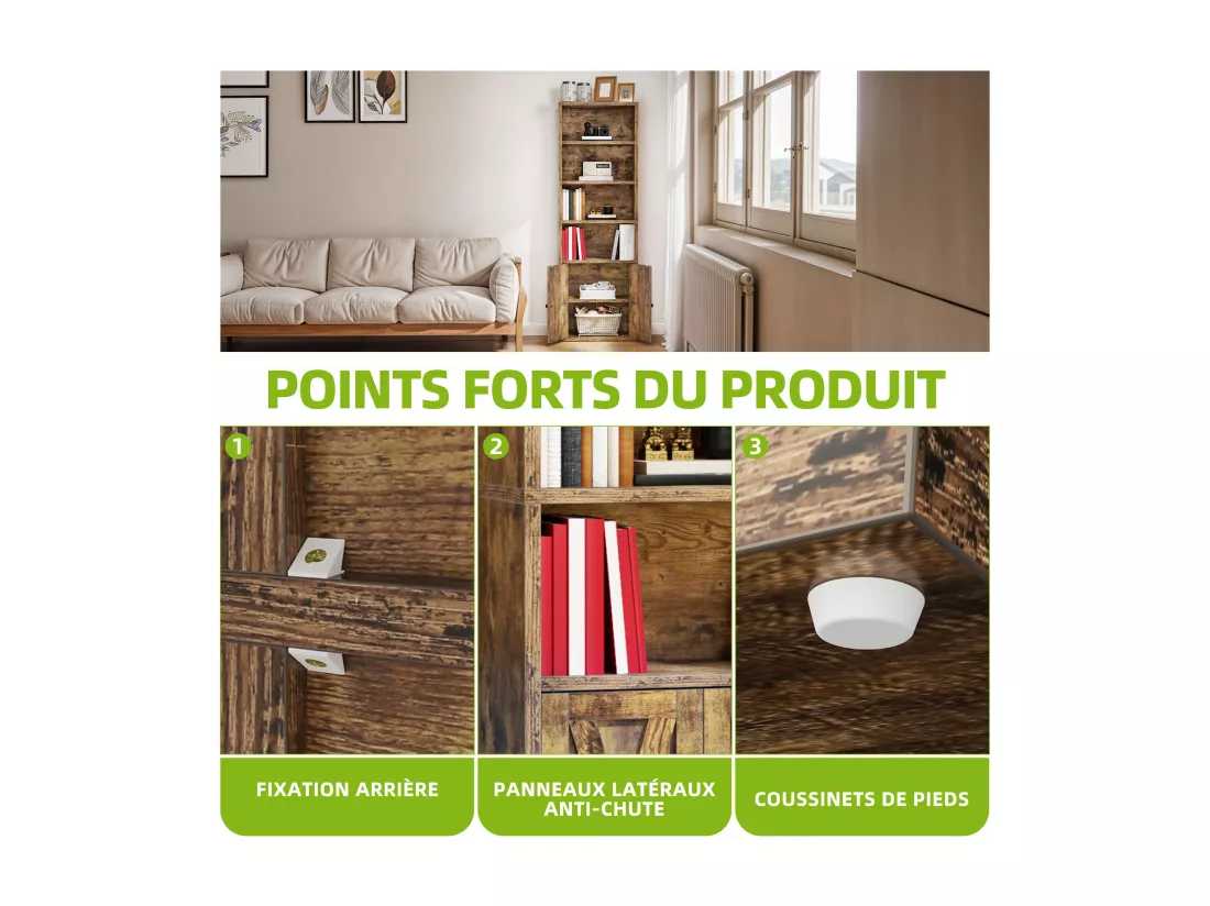 YITAHOME Bibliothèque à 4 Niveaux avec 2 Portes, Rangement Haut pour Chambre à Coucher, Salon, Bureau, Brun Rustique