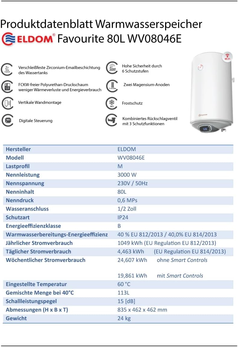 Boiler Warmwasserspeicher 80L druckfest Eldom Favourite Digital, Wi-Fi