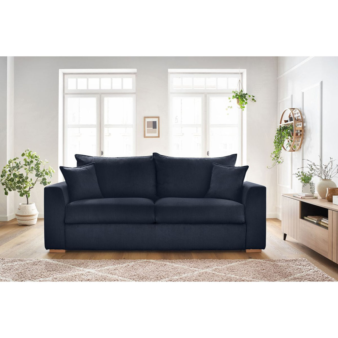 Bobochic Canapé droit convertible express en Velours côtelé 3 places Augustin bleu foncé - 205x96x97 cm