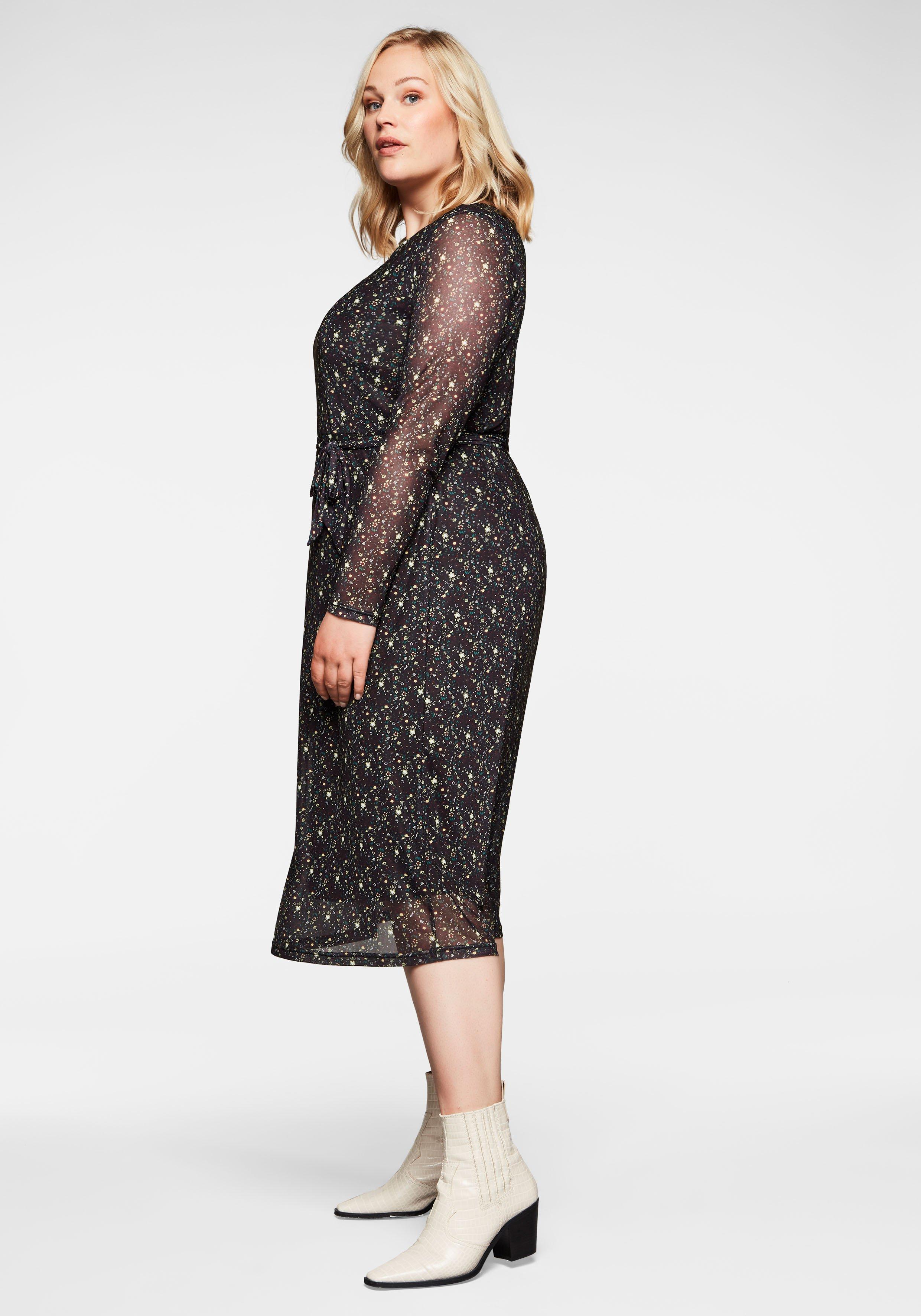 Mesh-Kleid mit Millefleurs-Druck und Bindegürtel