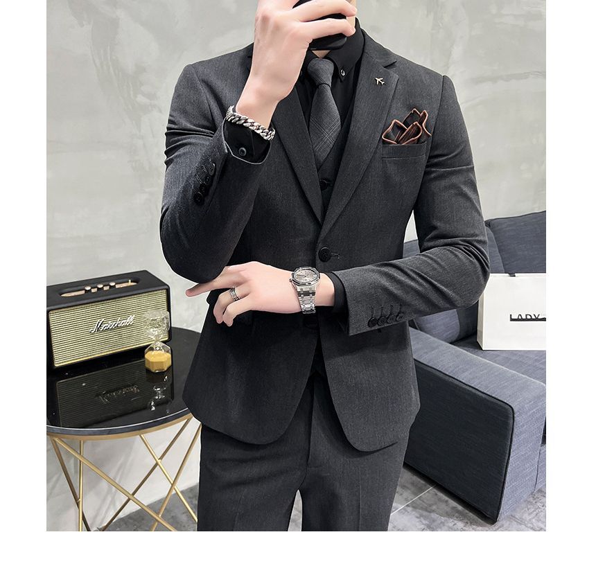 Deepwood - Set: effen enkelrijs blazer + vest + rechte pantalon