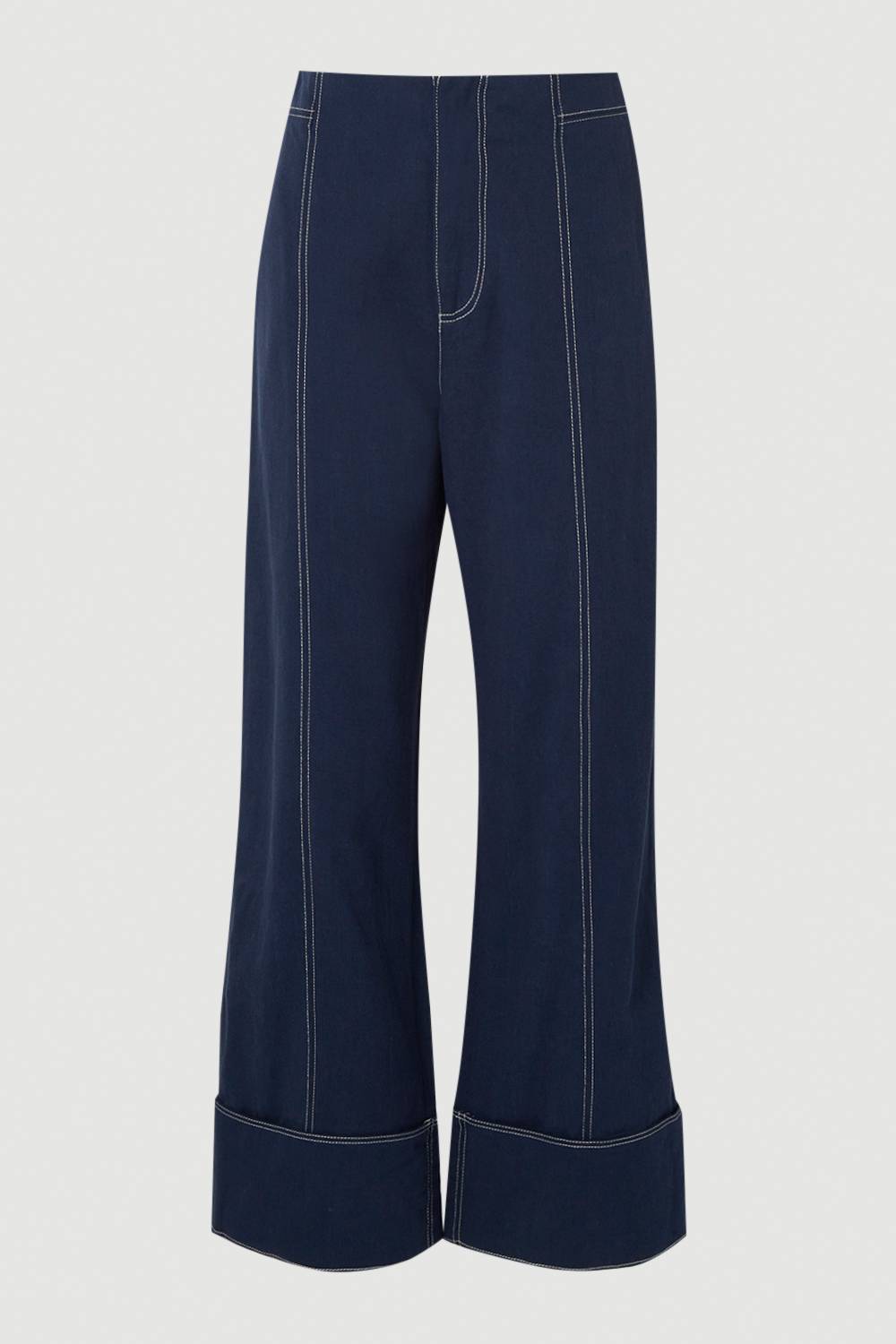 KarenMillen Pantalon Droit Tissé en Coton Tencel avec Surpiqûres Contrastantes - Taille Petite
