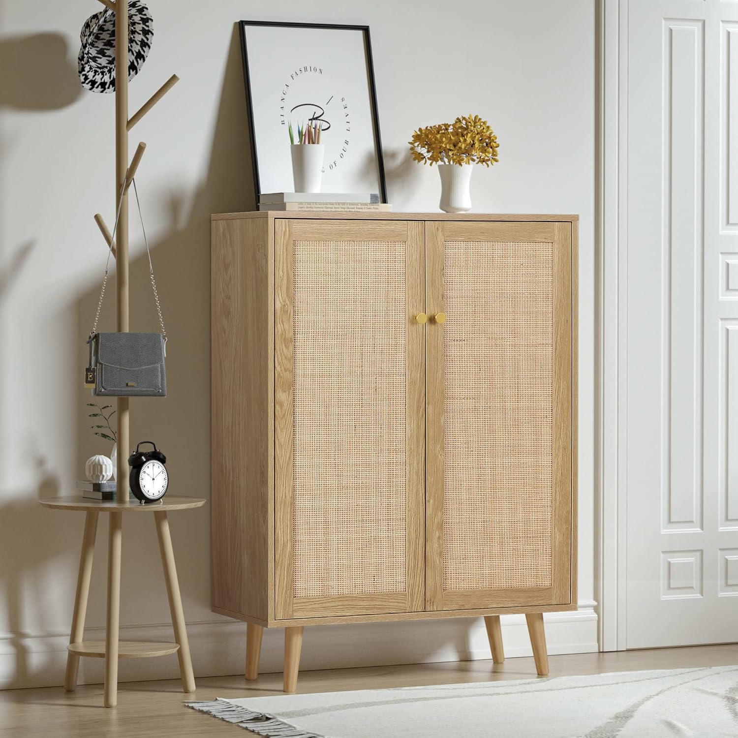 Natur Rattan Küchenschrank, Sideboard mit 2 Türen, Buffetschrank für Küche Aufbewahrungsschrank Möbel, Konsolentisch Kaffeebarschrank TV-Ständer für Wohnzimmer, Esszimmer, Flur