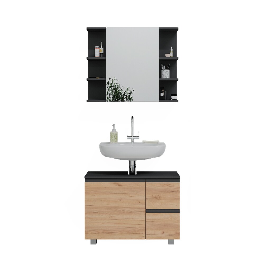 Vicco Badmöbelset J-shape Anthrazit Eiche modern Badezimmer Schrank Badschrank Waschtischunterschrank Spiegelschrank Schranktür Schrankschublade Aufbewahrung