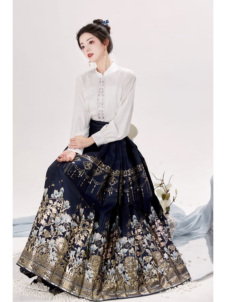 Keiko Girl - Pofmouw Hanfu Top met print / Hoge taille bloemenprint geplooide midi Ma Mian rok / Set