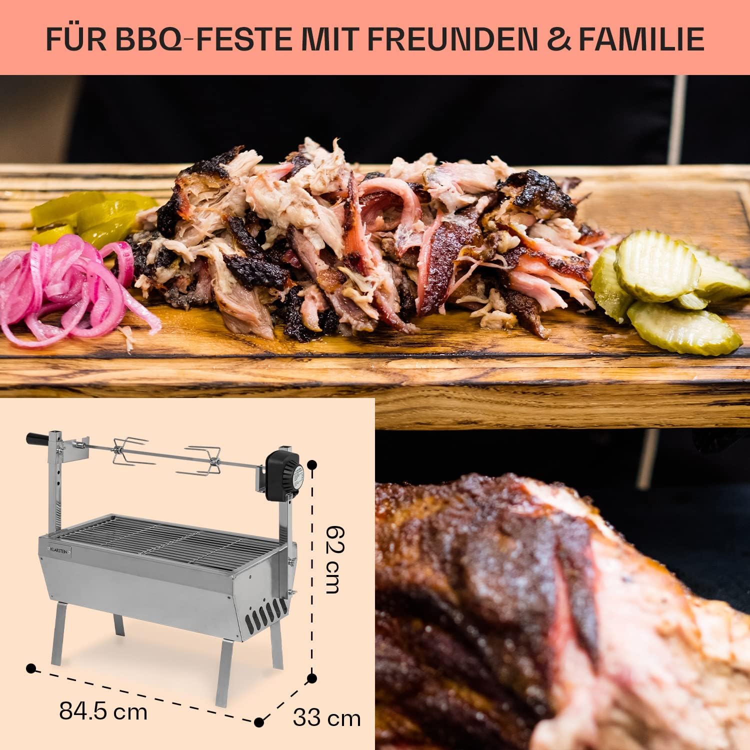 Klarstein 2-in-1 Rotisserie Grill mit Motor, Mini, mit Drehspieß, Elektrischer Spießgrill für Hähnchen & Spanferkel, Spieß Grill mit Edelstahl-Rost, Holzkohlegrill mit Rollen