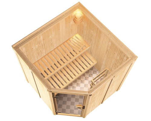 Karibu Jarina modulaire sauna zonder oven en dakrand, met houten deur en geïsoleerd glas.