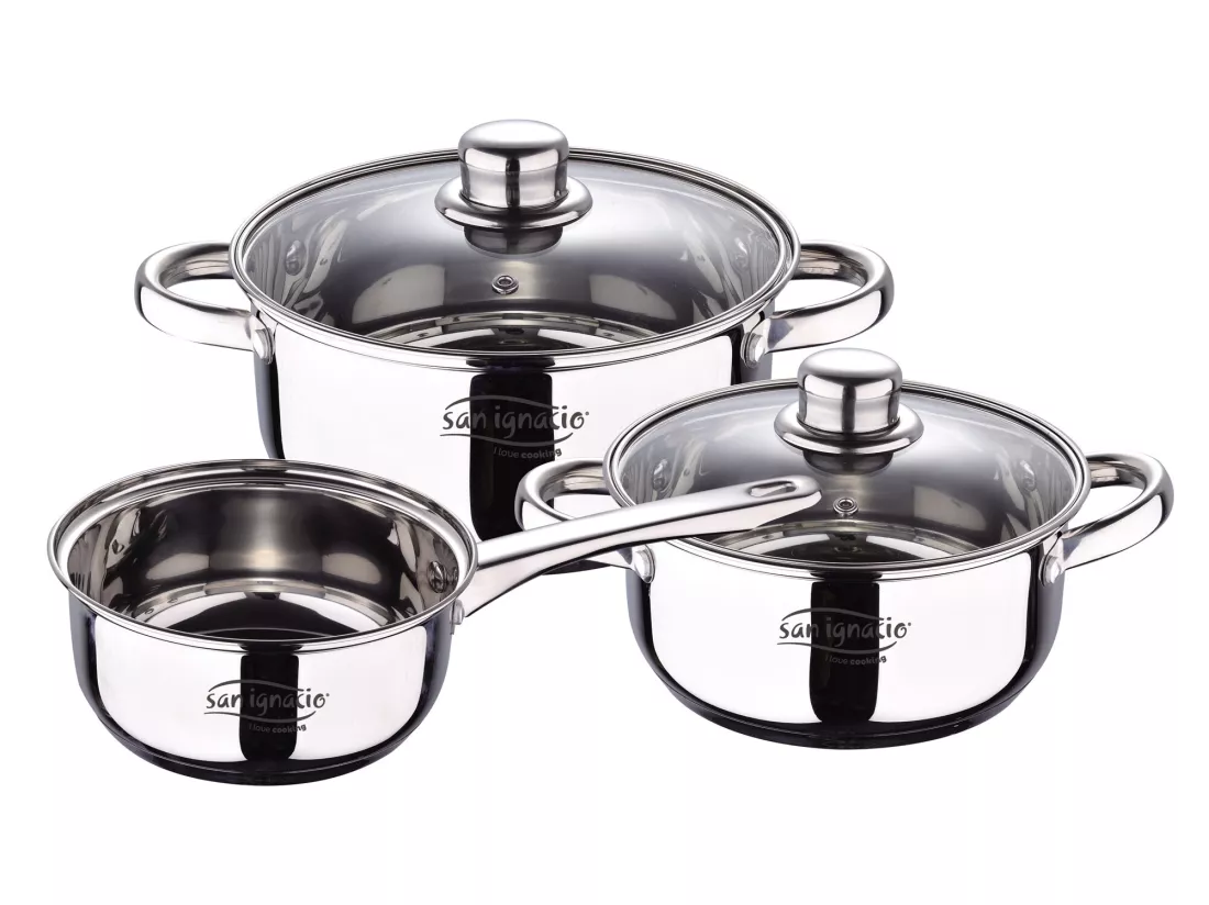 Set 5pcs inox : casserole Ø16x7,5 poêles Ø18x8,5 et Ø20x9,5 cm, induction + Set de 3 poêles à frire Ø16/20/24 cm, aluminium pressé, adapté à l'induction + Set de 3 poêles à frire Ø16/20/24 cm, Ø18x8,5 et Ø20x9,5 cms.