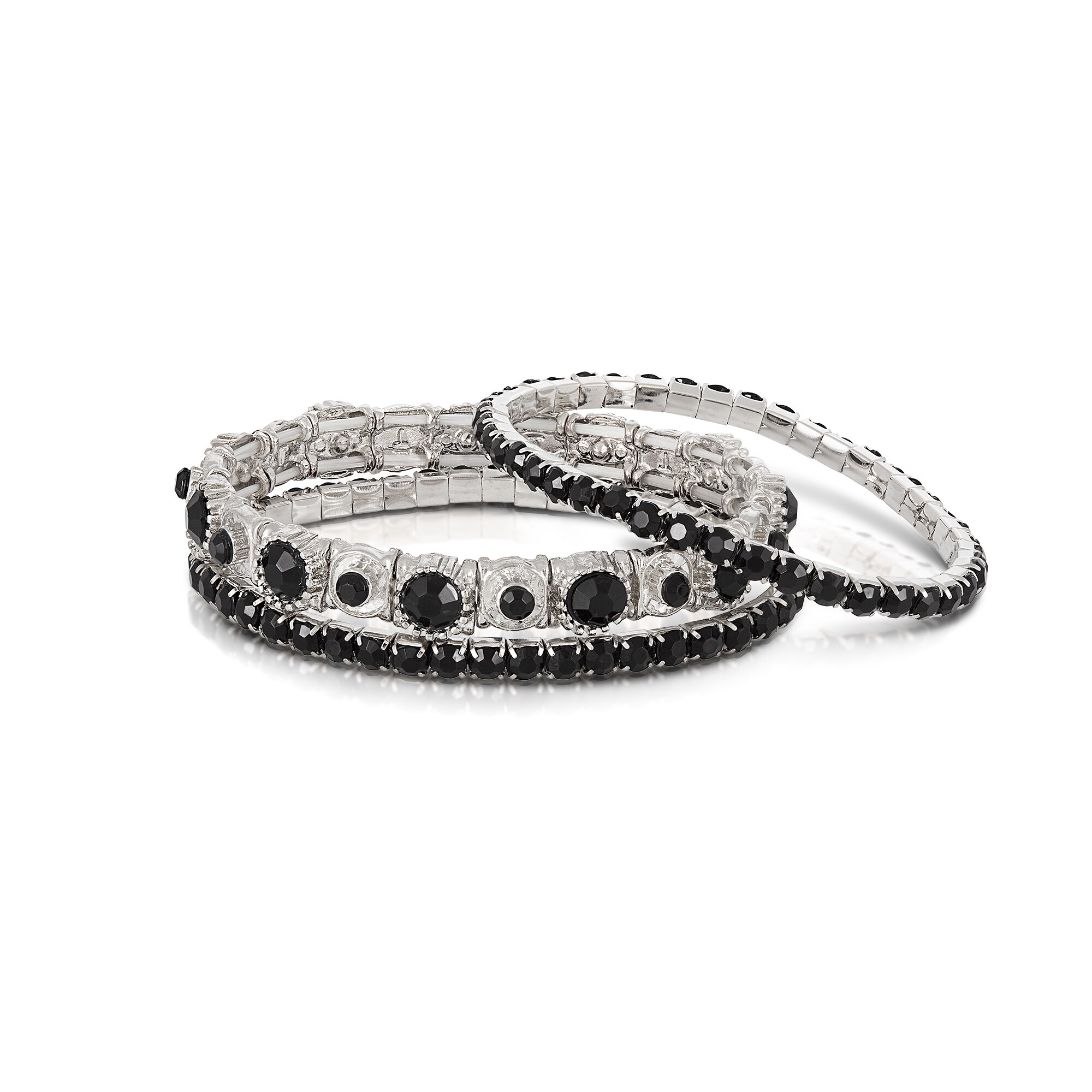 Steuer Modeschmuck Armband Set aus 3 Strecharmbändern rhodiumf.-schwarz