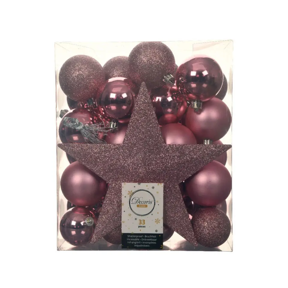 Decoris kerstballen - 34-dlg - lippenstift roze - kunststof