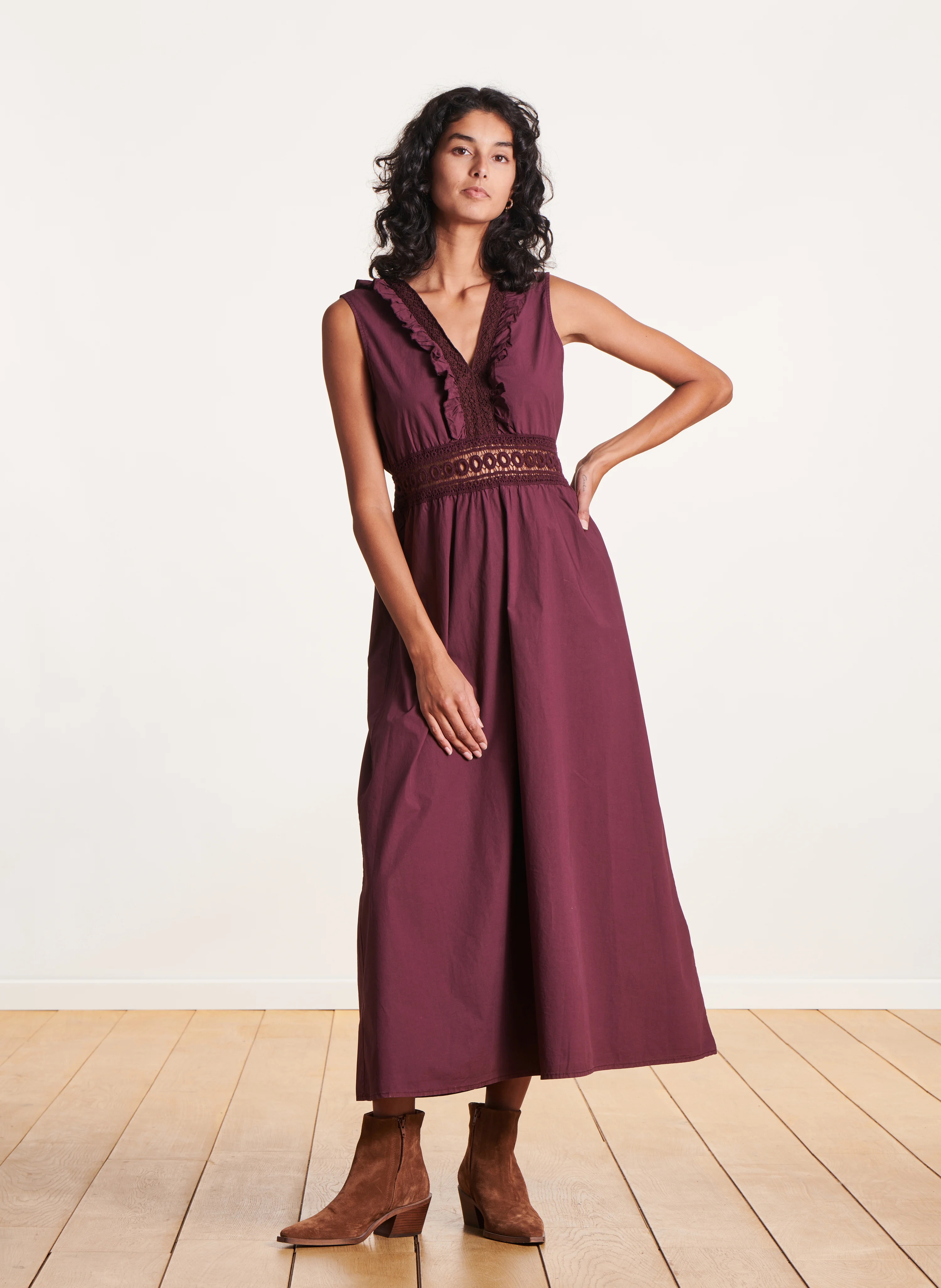 Robe longue droite col V en coton | Violet