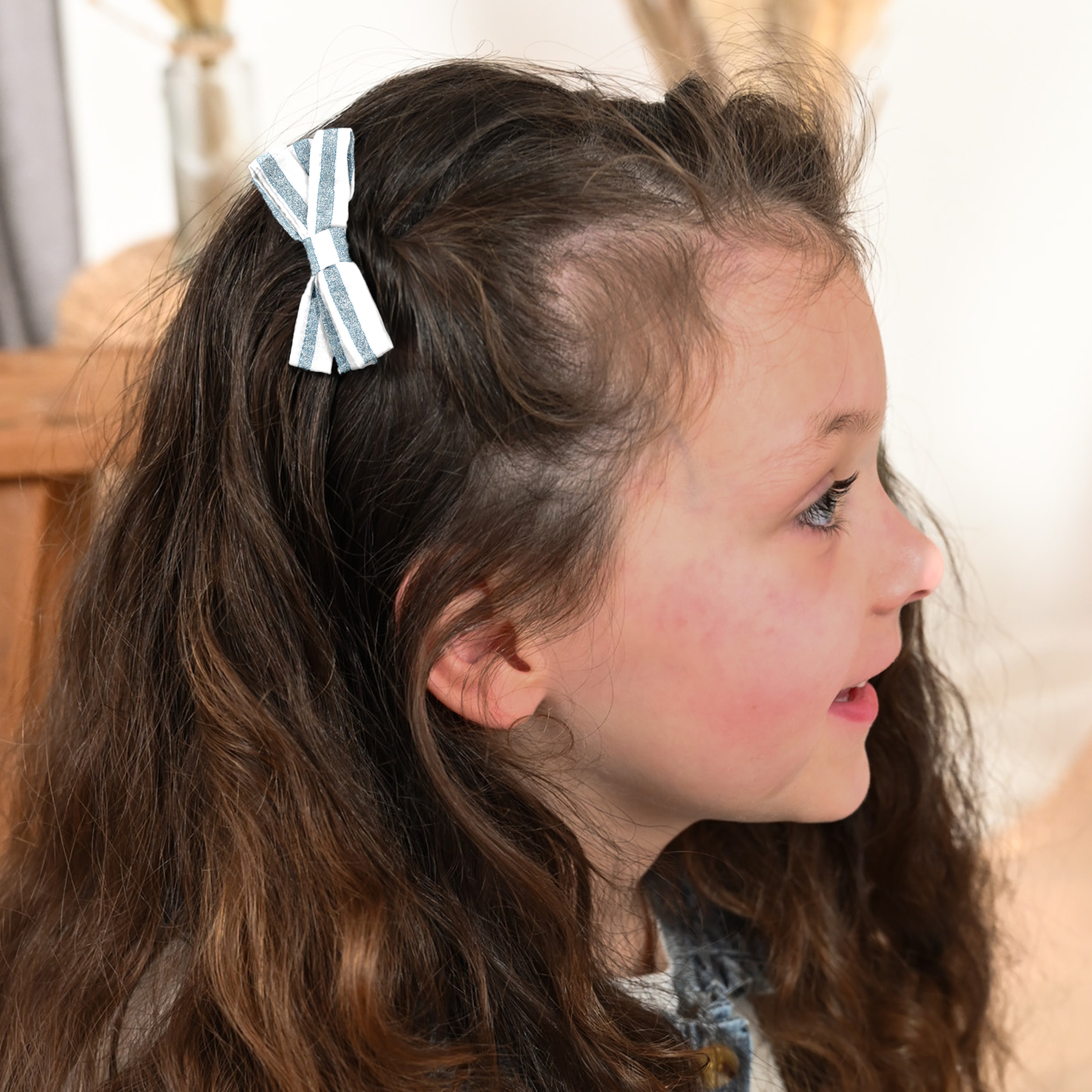 Barrette Noeud Ruban Rayé Bleu Blanc