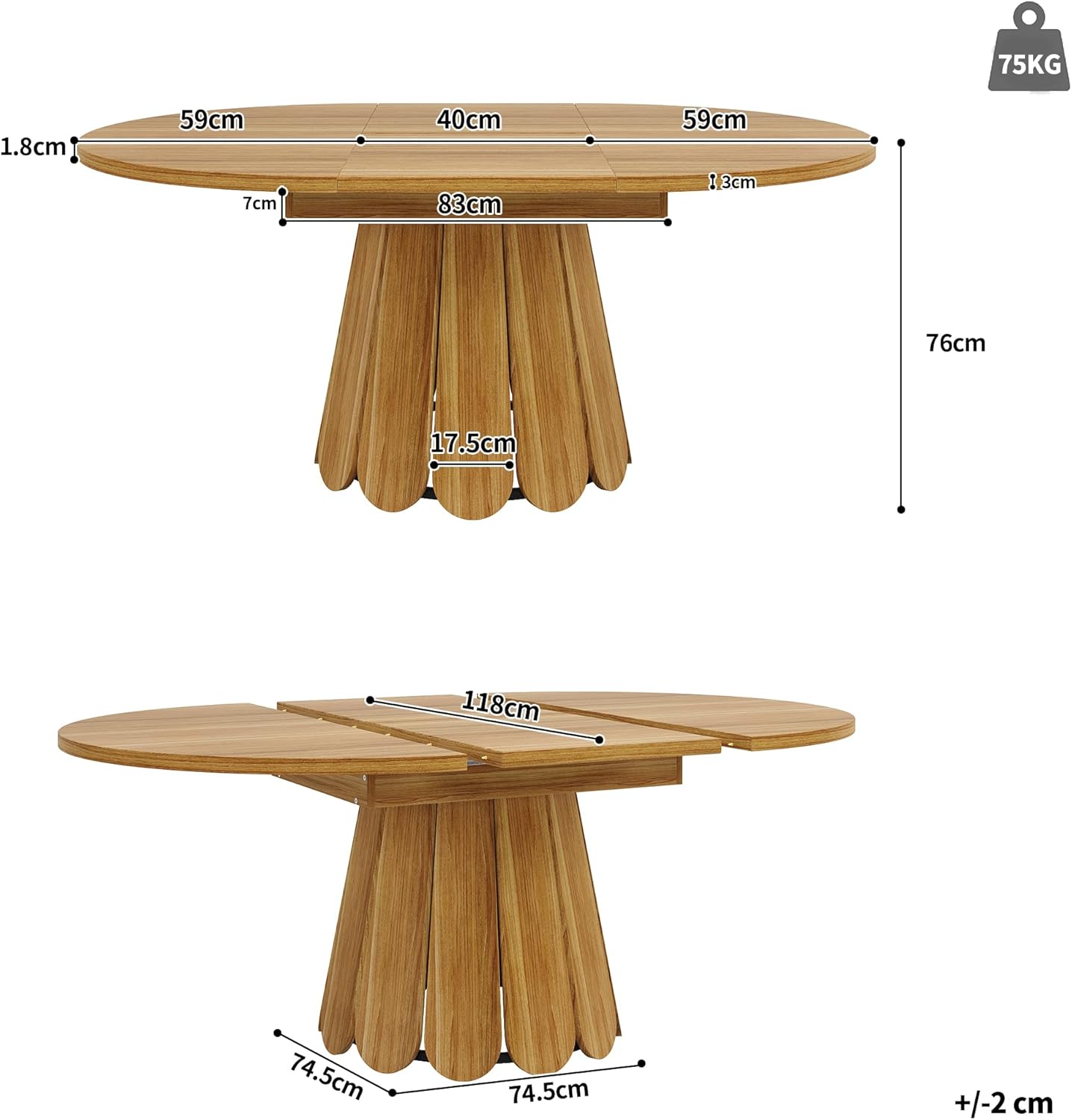Runder Esstisch Ausziehbar Küchentisch für 4-6 Personen, Esszimmertische mit Blütenblattförmige Tischbeine, Tisch Esstisch Holz, Ausziehbar zu oval, Küchenmöbel, Braun, 118-158x118x76 cm