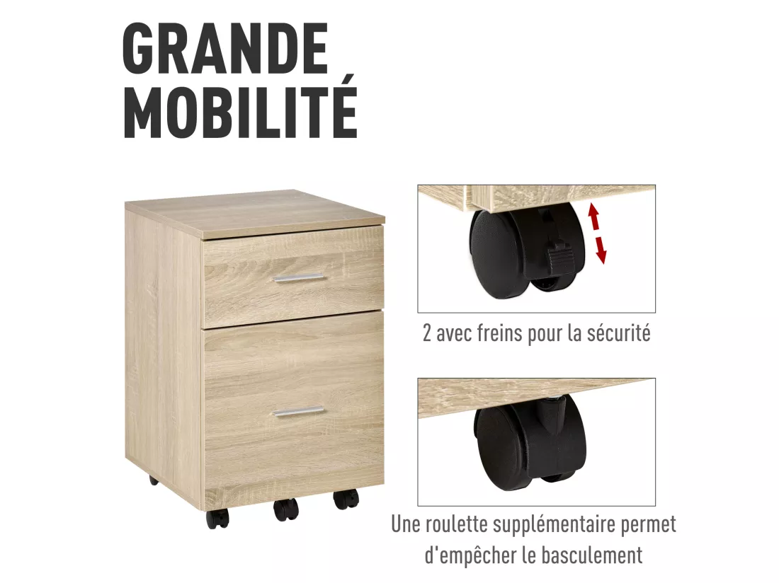 Caisson de bureau rangement bureau sur roulettes 2 tiroirs panneaux particules aspect bois chêne clair