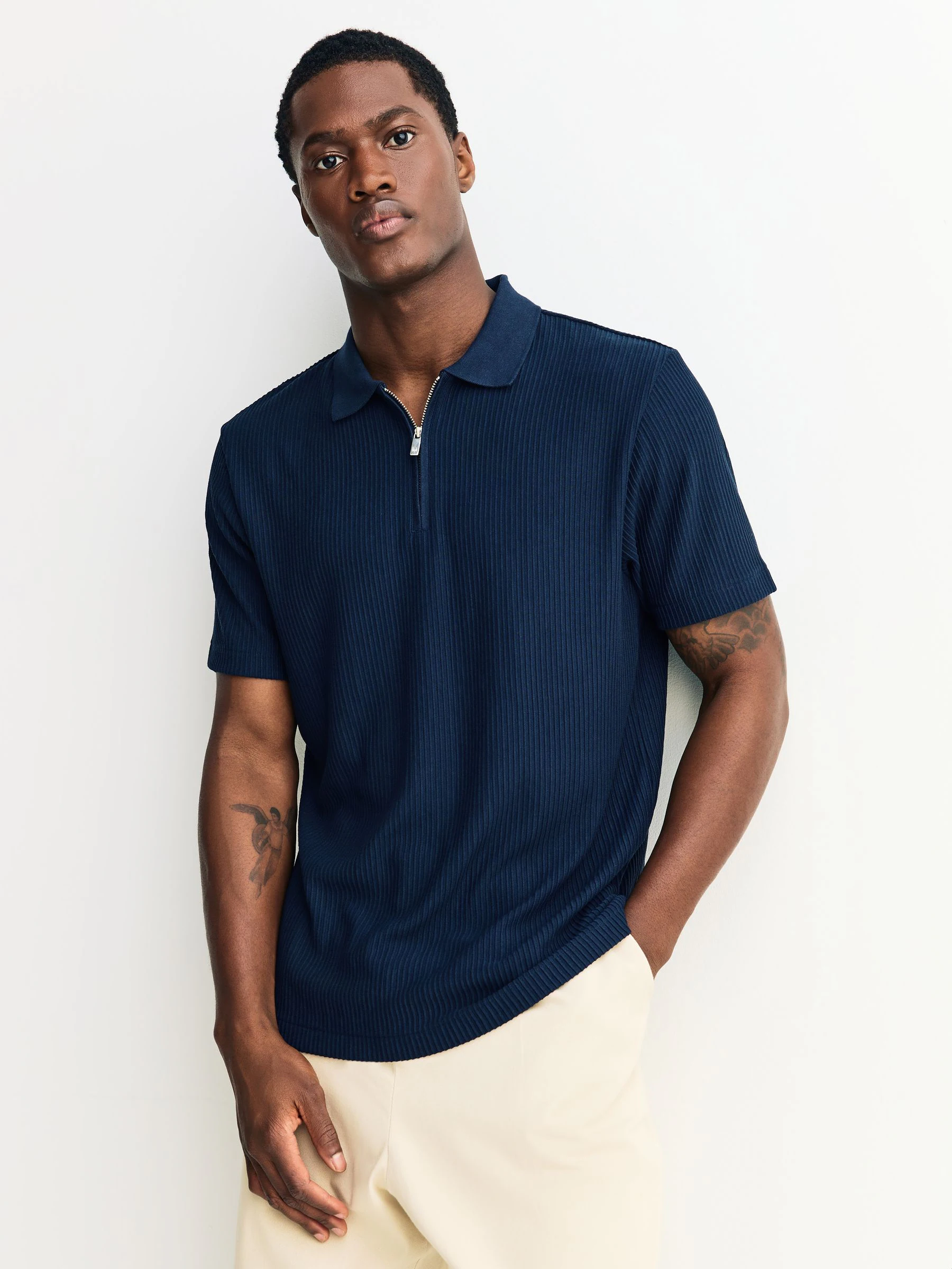 Donkerblauw - Smart poloshirt met textuur en rits