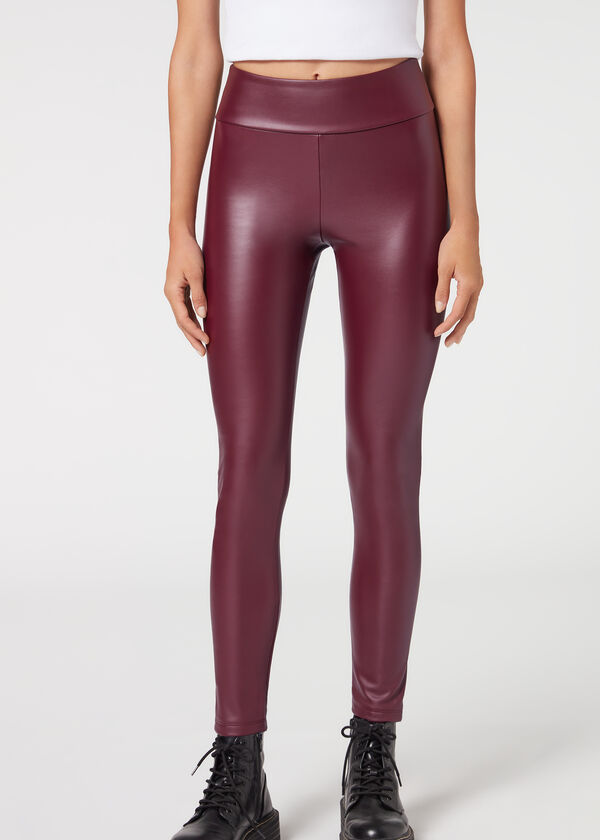 Calças legging com efeito de couro térmico