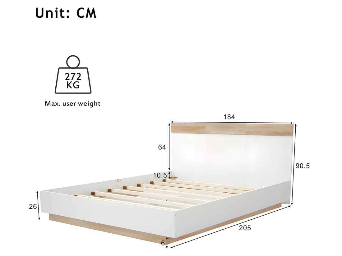 Lit adulte 180x200cm - lit flottant avec sommier à lattes - cadre en bois - blanc