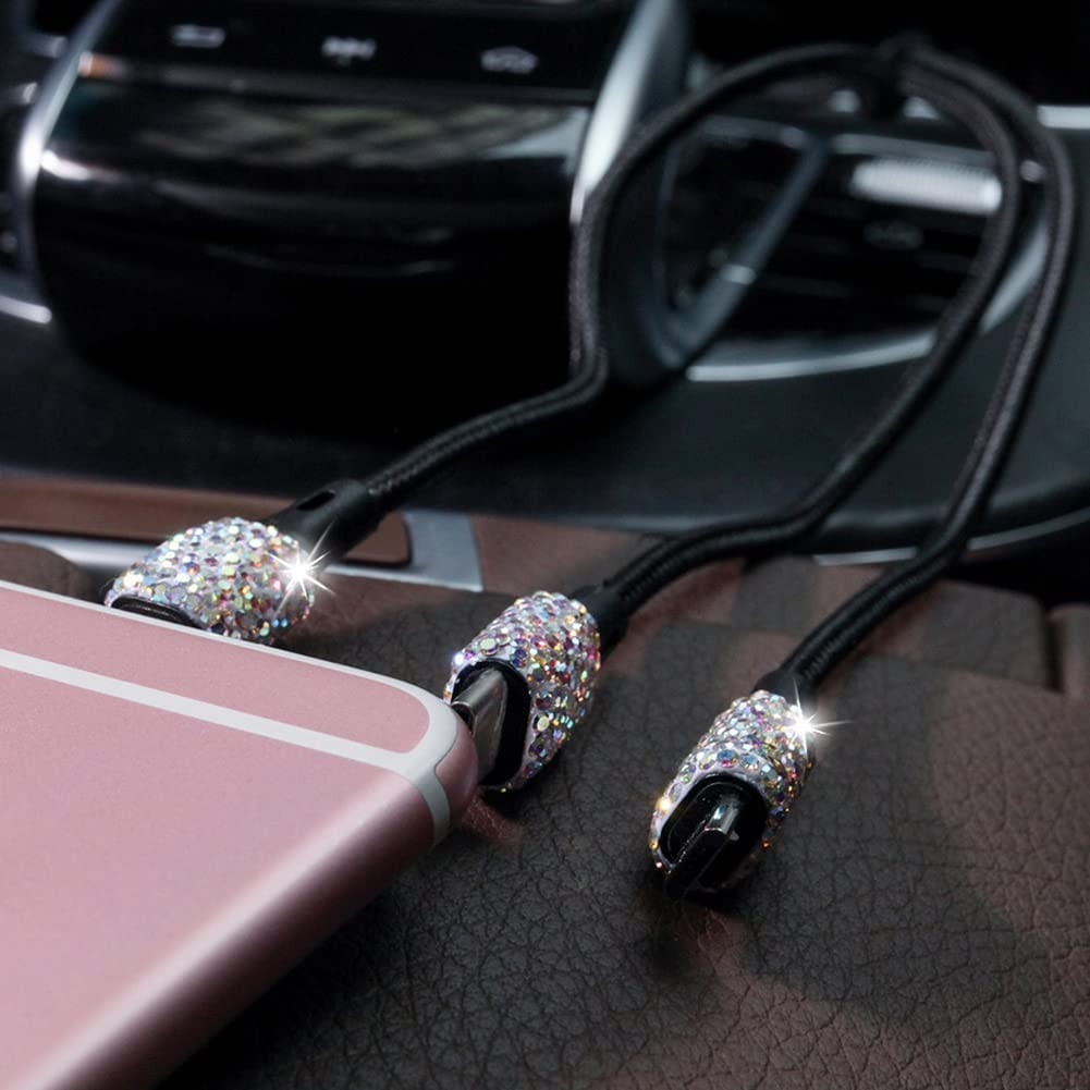 (1.2m) 3in1 Glitzer USB A auf Lightning / Micro USB / USB C Nylon Ladekabel   Dual KFZ Ladegerät - Rainbow