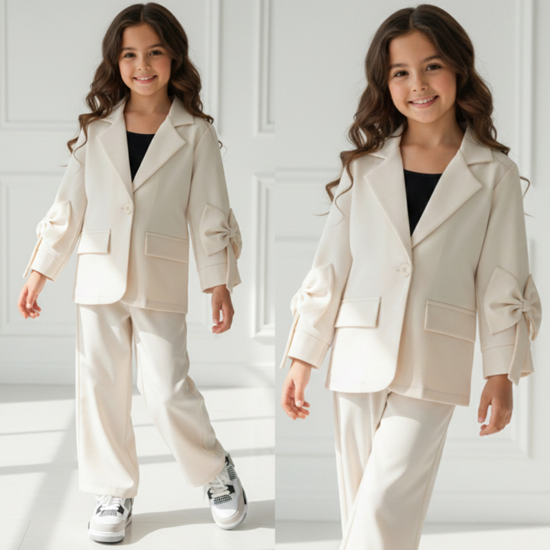 Girls Elegant Bow Blazer Set - beige