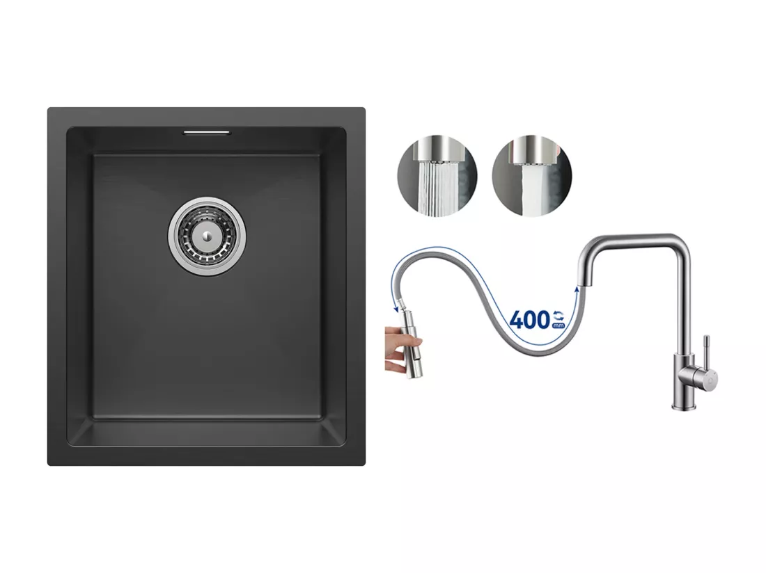 CECIPA MAX Évier Inox 40*44*19 cm Évier 1 Bac Évier de Cuisine Noir + Mitigeur avec Douchette Extractible, Brossé