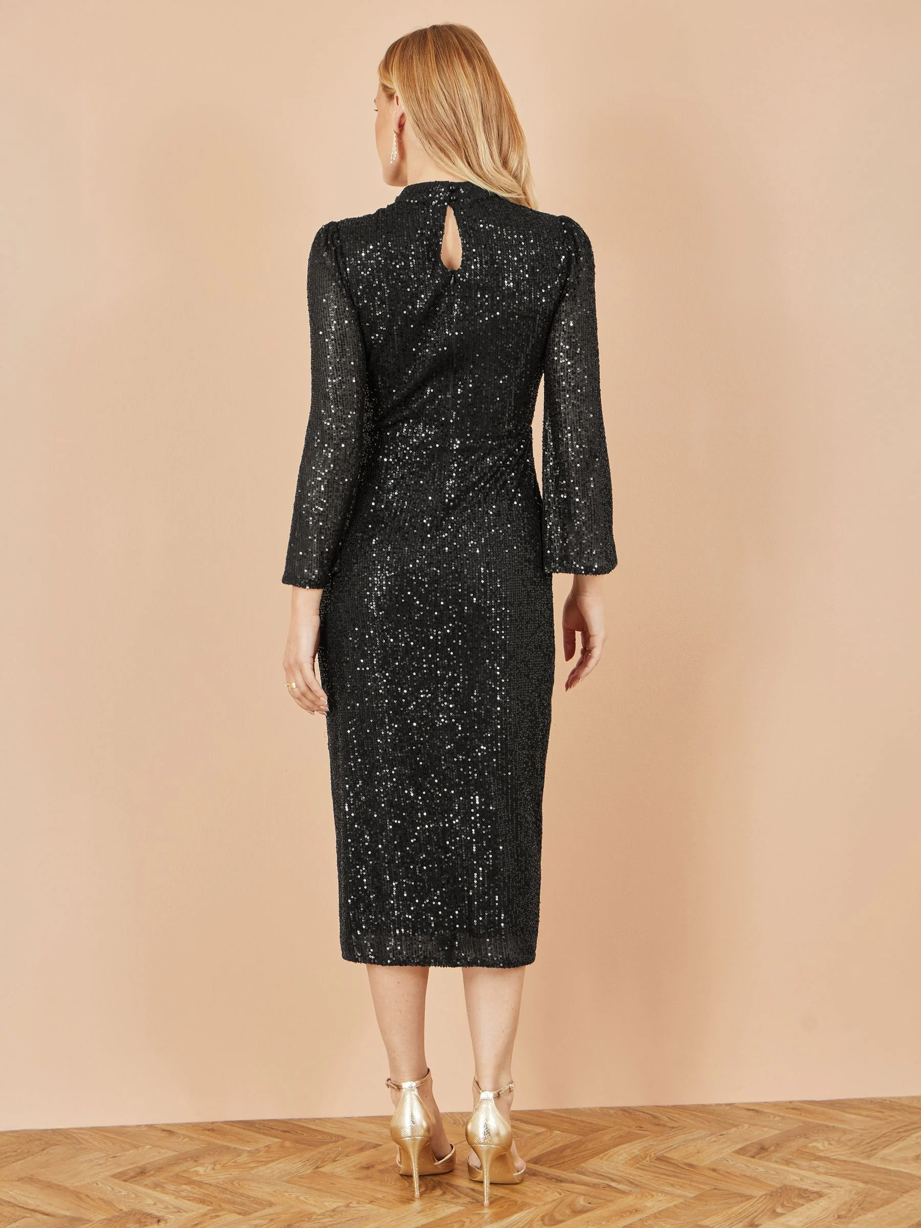 Yumi Sequin Fitted Midi Dress With Flute Sleeves