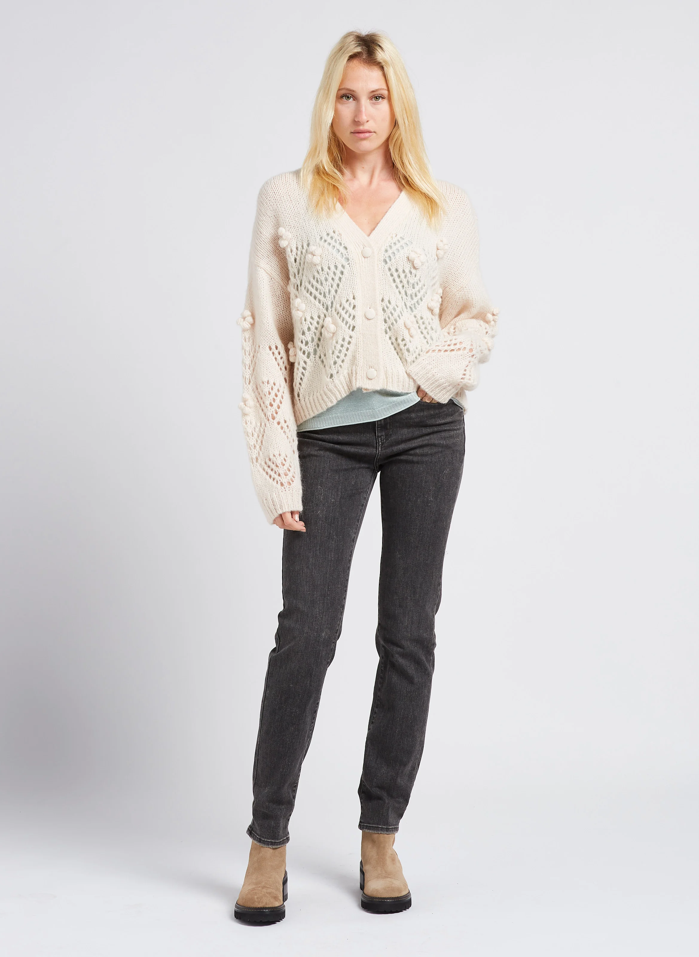 SIRIKA - Gilet ample à décolleté V en laine | Rose