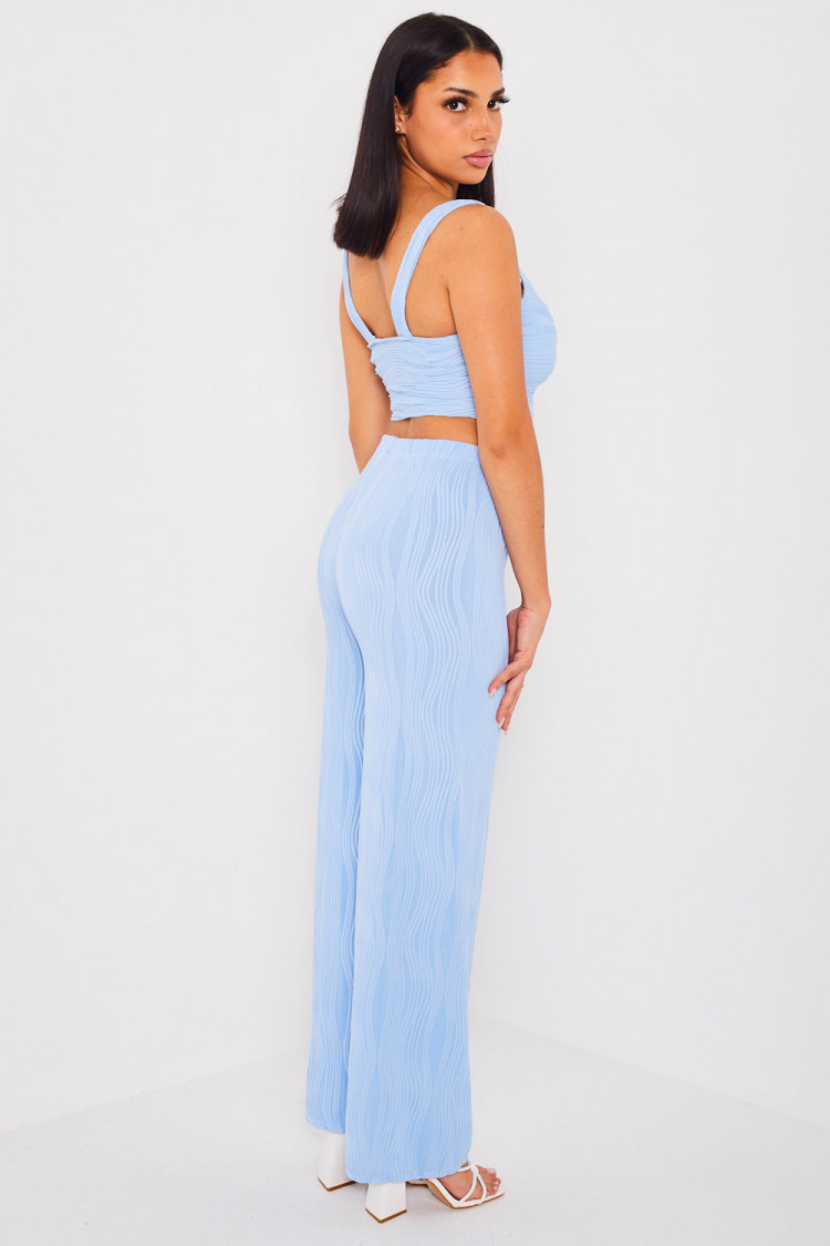Ensemble 2 pièces crop top + pantalon bleu à motif vague