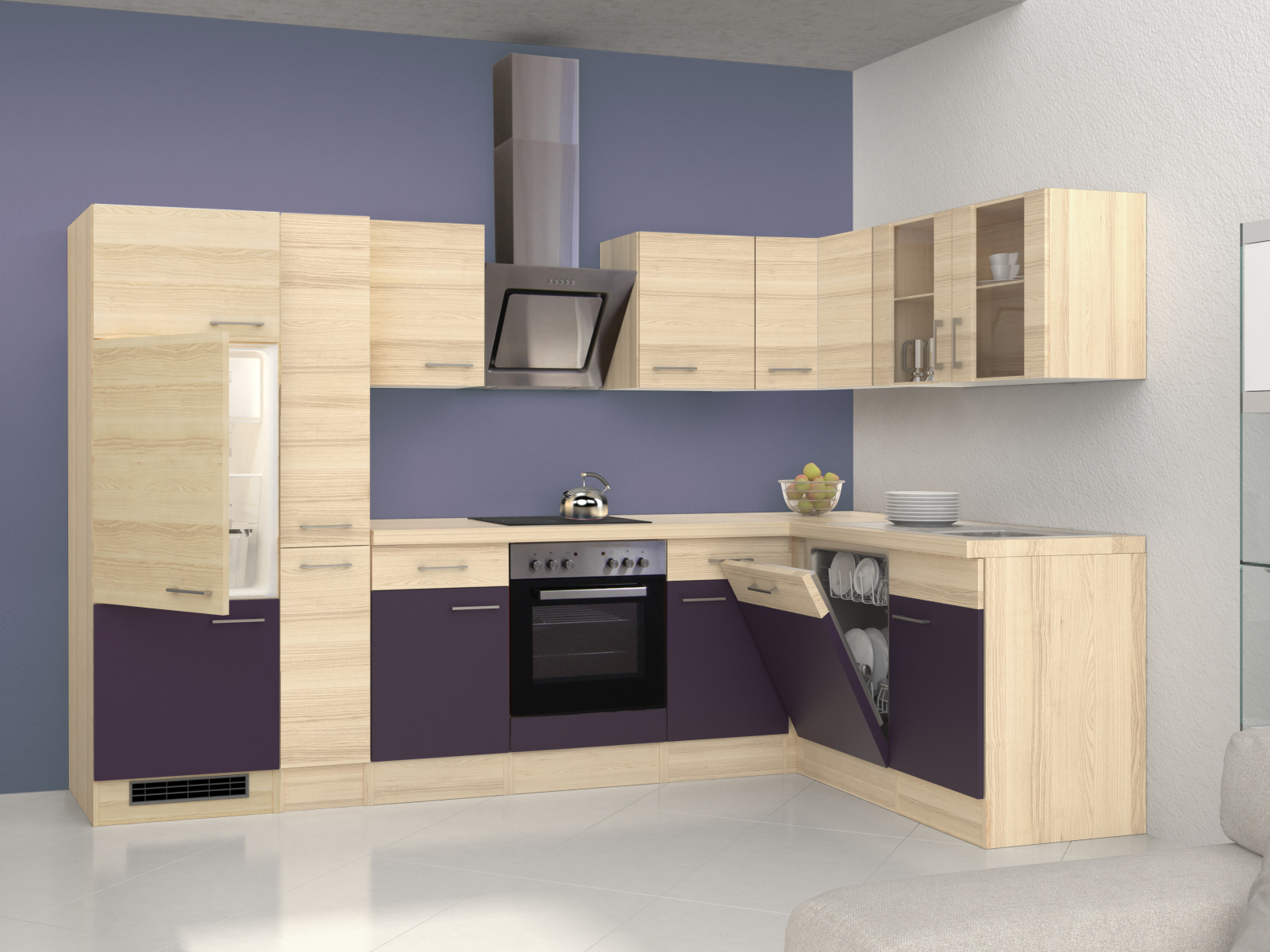Winkelküche FOCUS - Akazie-Aubergine - mit E-Geräten - 310x170 cm