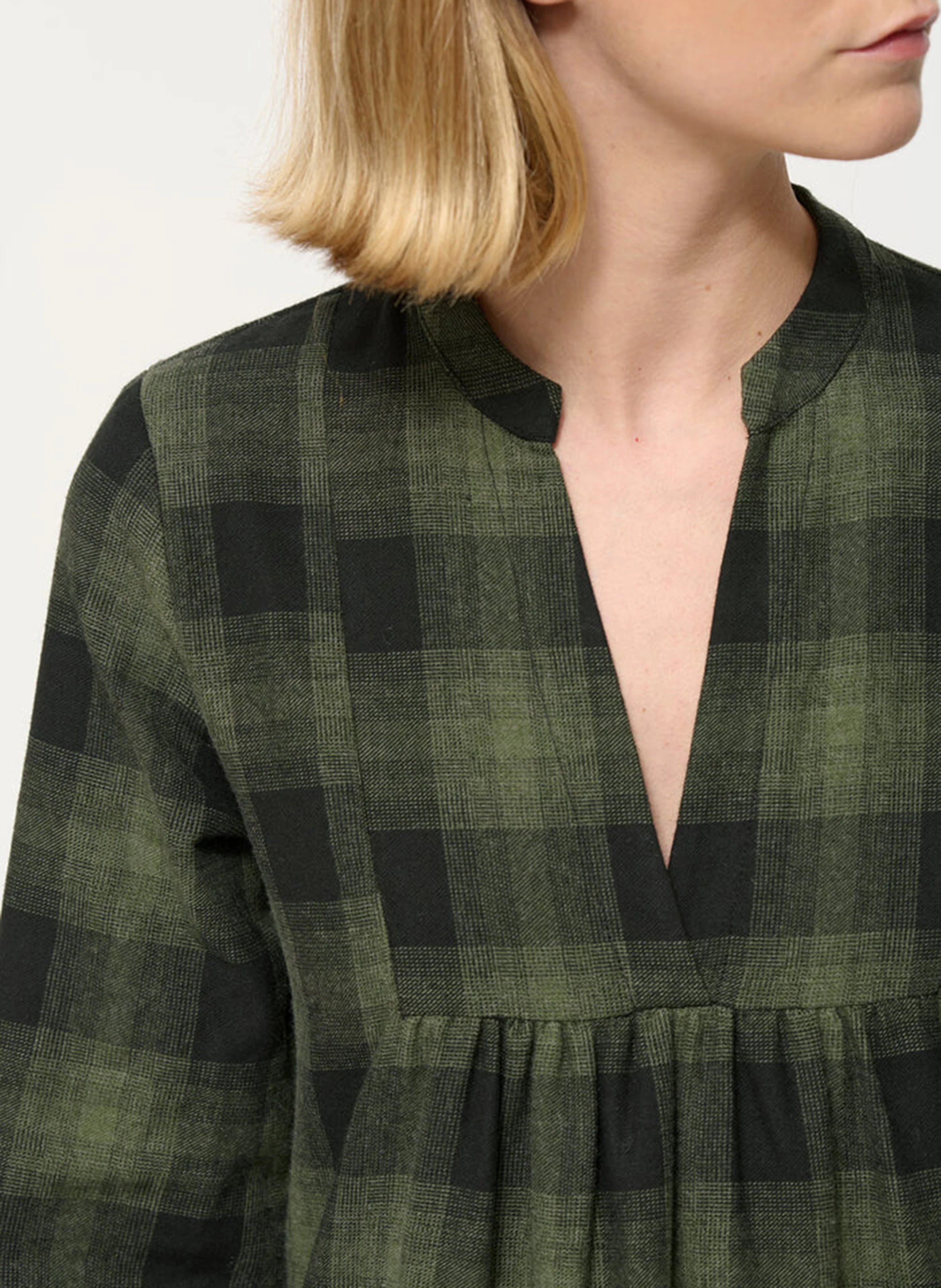 Robe longue col tunisien en coton mélangé à carreaux | Vert