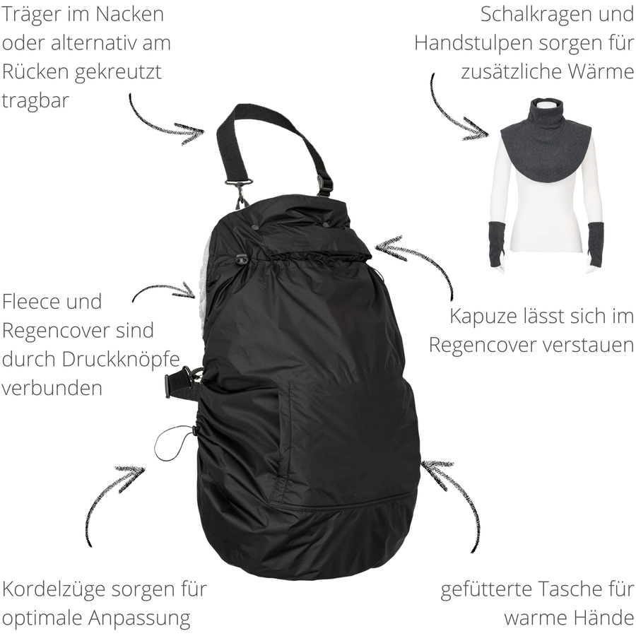 Hoppediz Tragecover Fleece-Cover 3-in-1 mit Regenschutz, Schalkragen & Stulpen stone