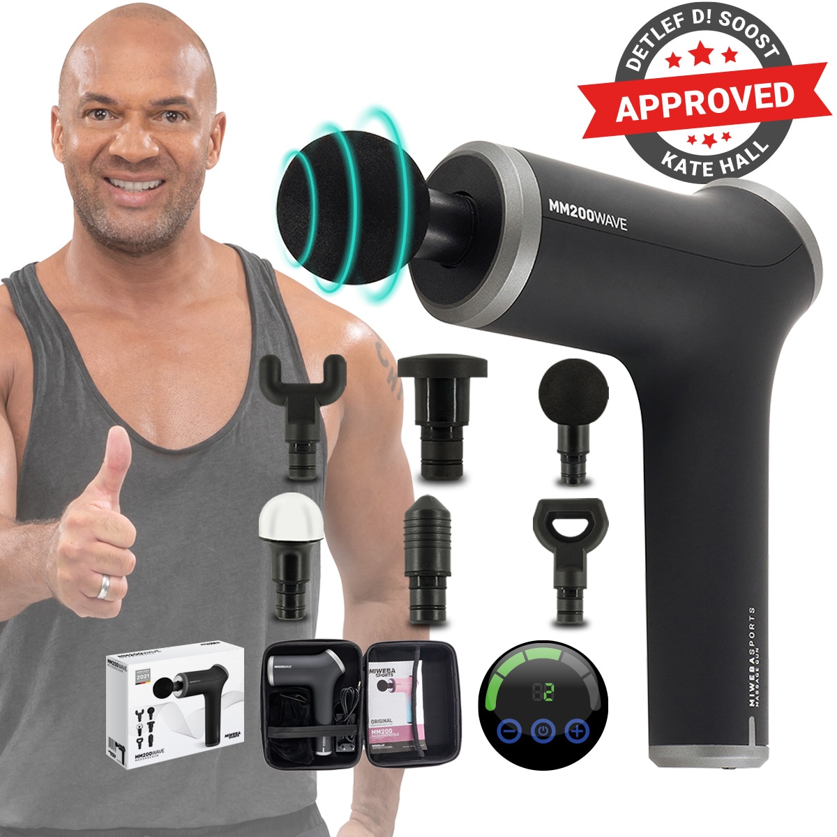 Miweba Sports Massagepistole MM200, Massage-Gun 2500 mAh für Faszien-Muskelmassage mit 6 Aufsätzen (Schwarz/Grau)