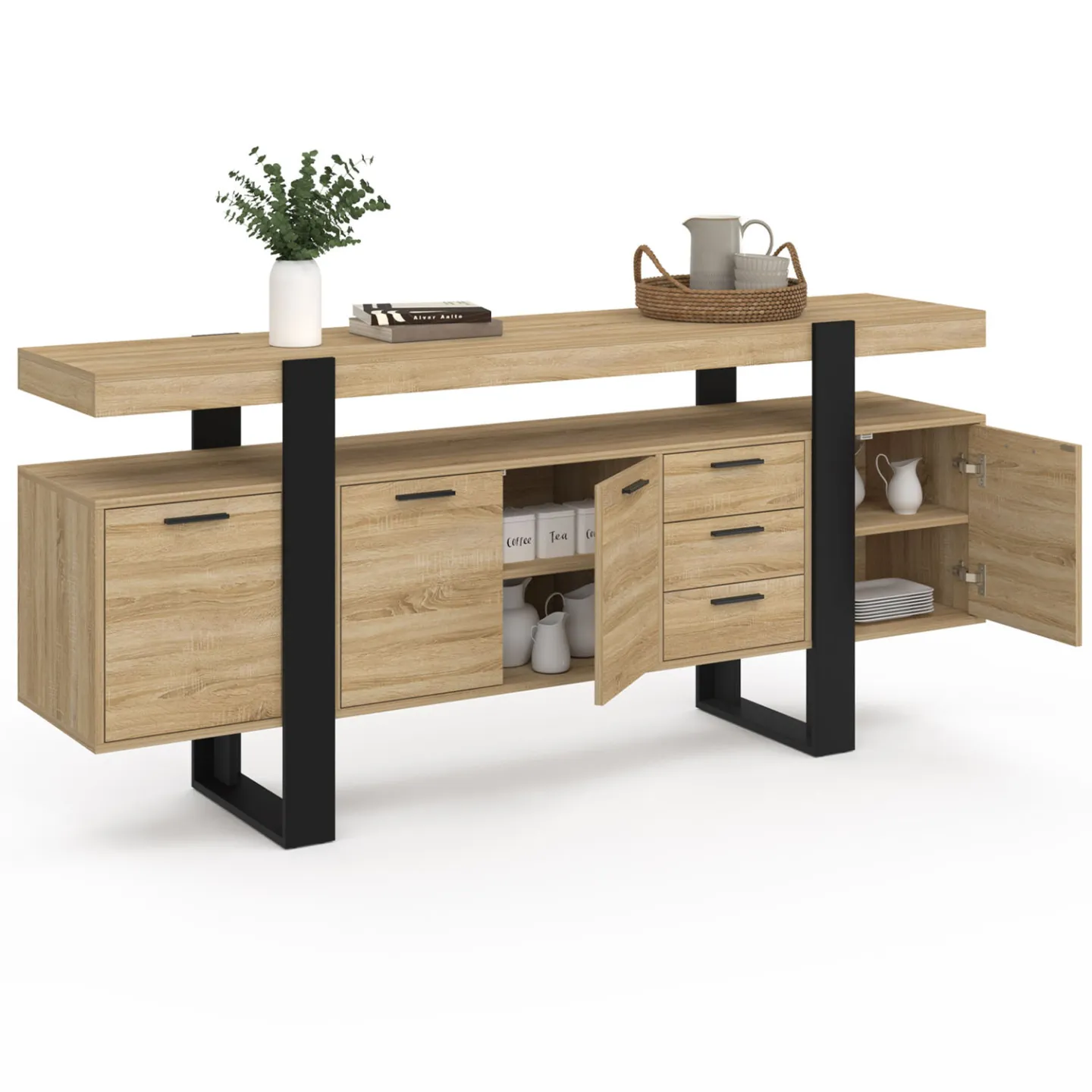 Buffet 180 cm PHOENIX XXL 4 portes et 3 tiroirs bois et noir