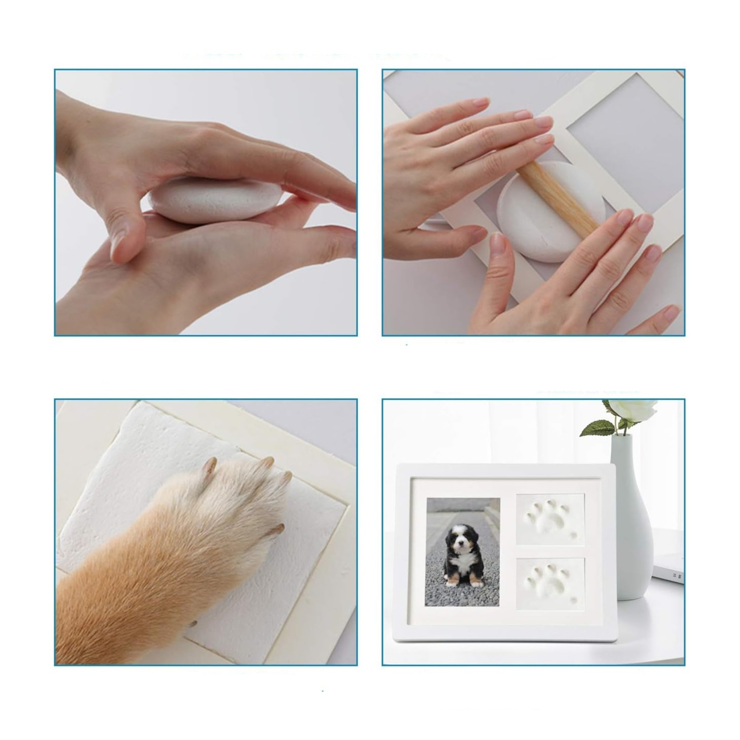 (3-tlg. Set) 3D Haustier Pfoten Abdruck Kit DIY Baby Fussabdruck Gipsabdruck Form inkl. Bilderrahmen - Weiss