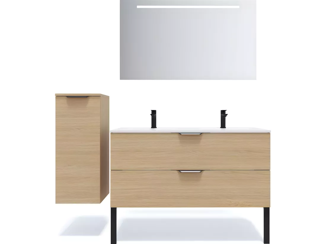 Meuble de salle de bain suspendu double vasque intégrée 120cm 2 tiroirs Chêne clair - Venice