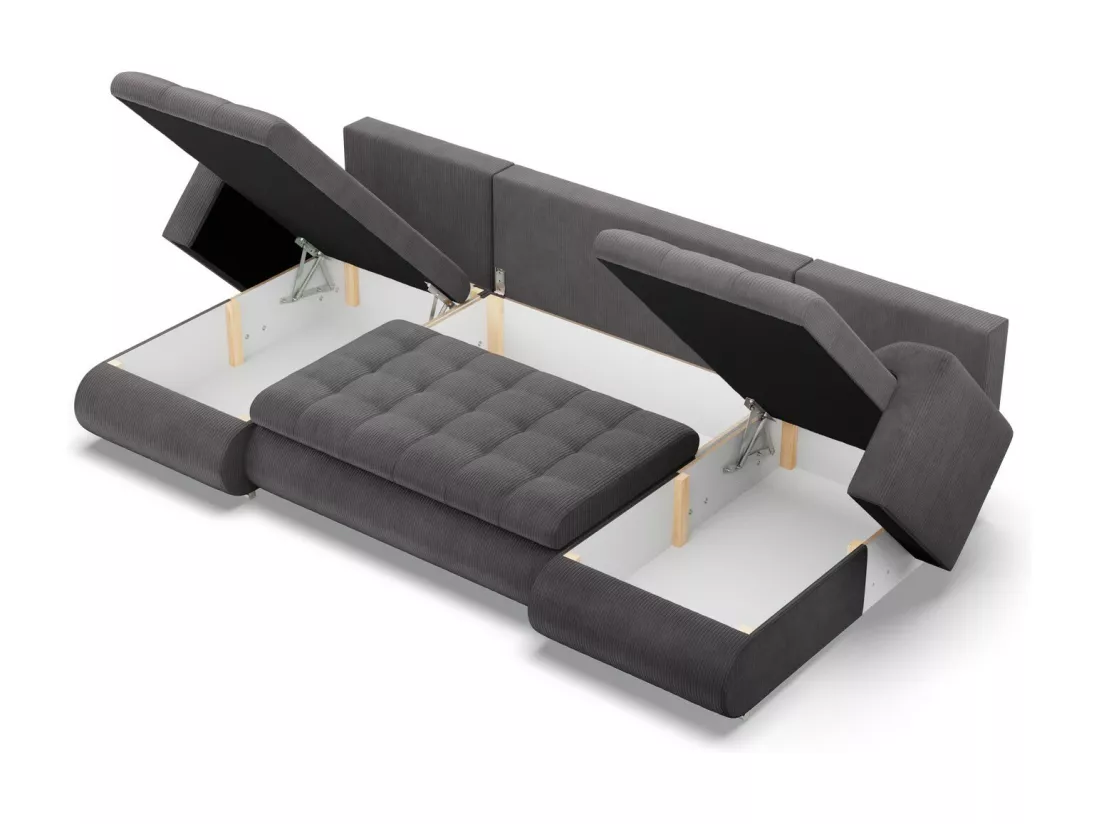 Canapé d'angle en U avec fonction sommeil, 2 méridiennes, Cord - Gris foncé