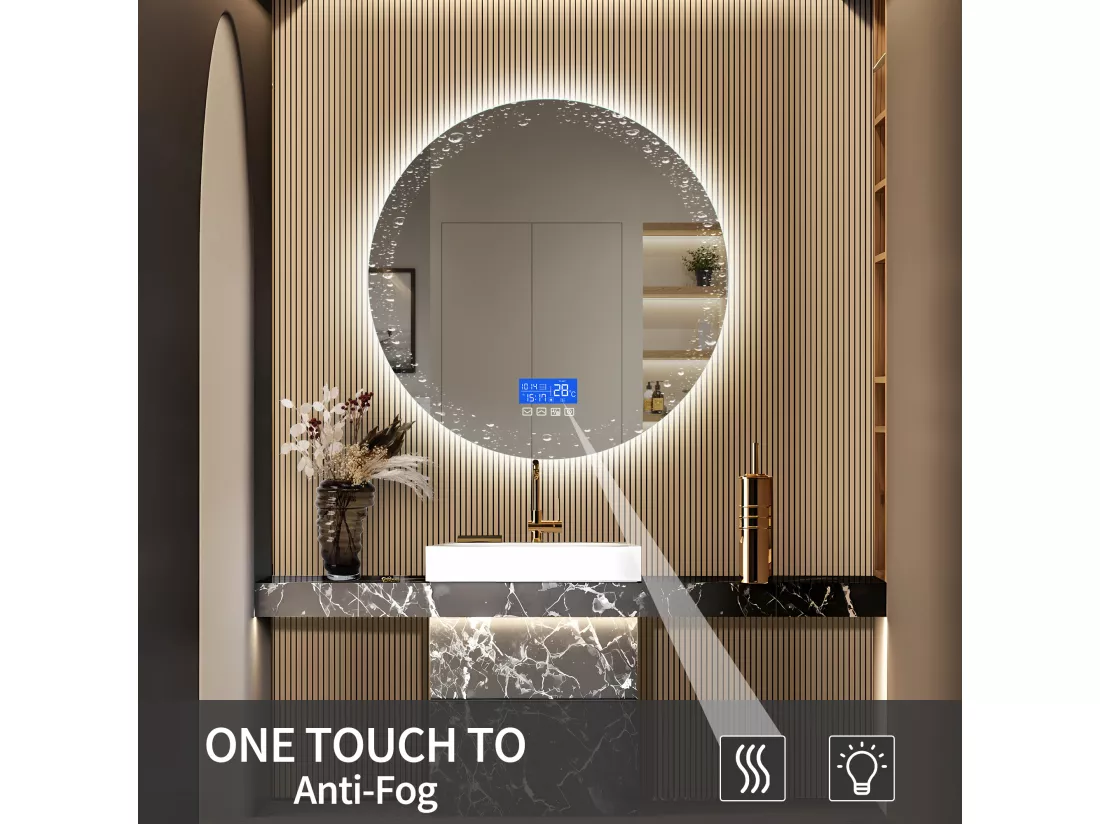 Miroir Salle de Bain avec Éclairage - Rond Ø60 cm - Miroir LED Salle de Bain - avec Tactile, Anti-buée, Horloge, Température, Dimmable