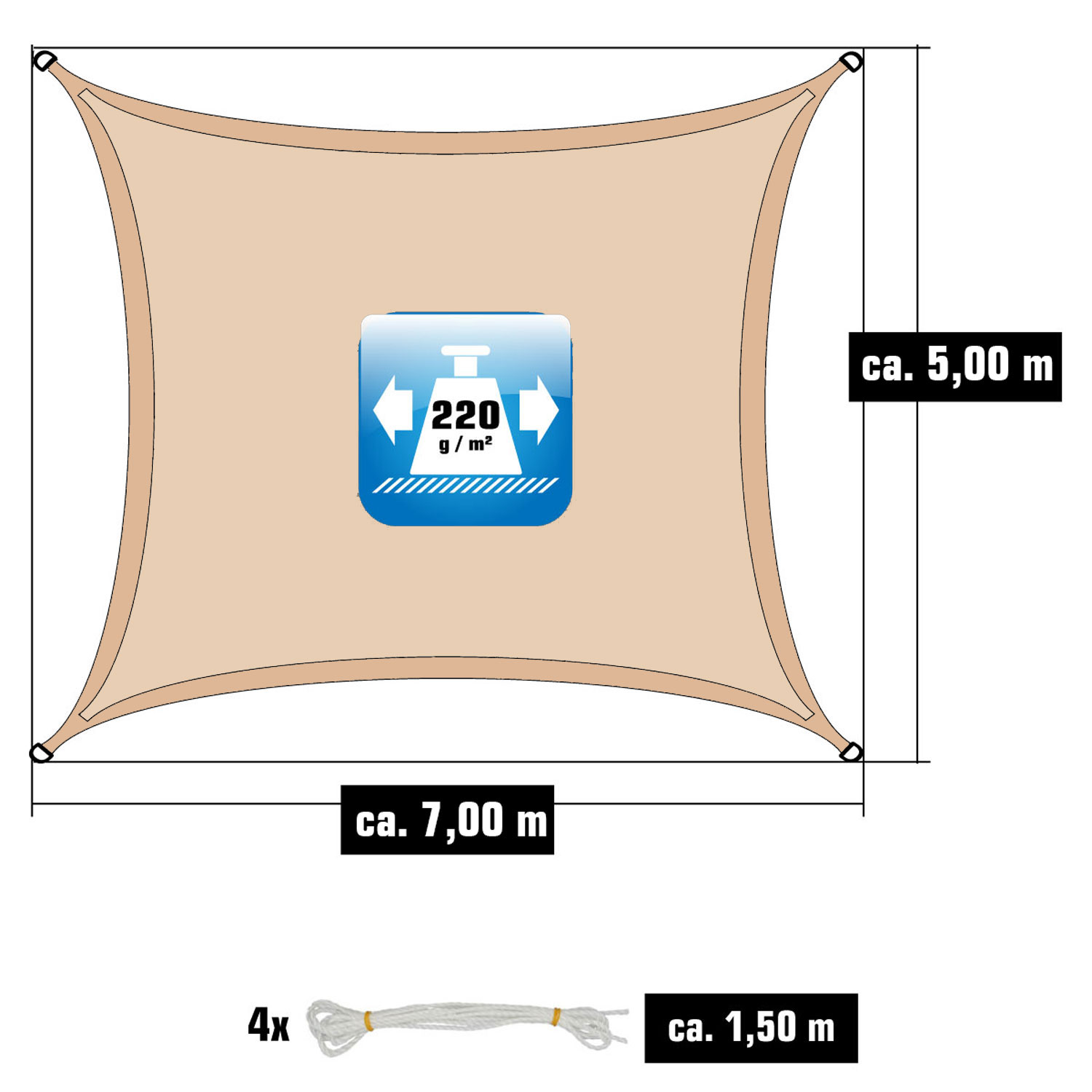 AMANKA 7x5m beige HDPE waterdoorlatend schaduwdoek