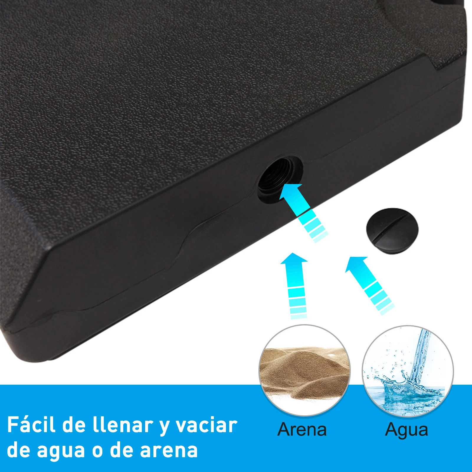 Conjunto de 4 peças Outsunny com base para guarda-sol, ideal para pátio ou jardim. Pode ser preenchido com até 80 kg de água ou 120 kg de areia. Estável, mede 100 x 100 x 9,5 cm e é preto.