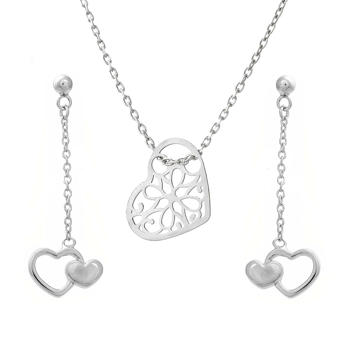 Parure 2 coeurs chaînettes pendantes coeur ajouré d'arabesques Argent 925 Rhodié