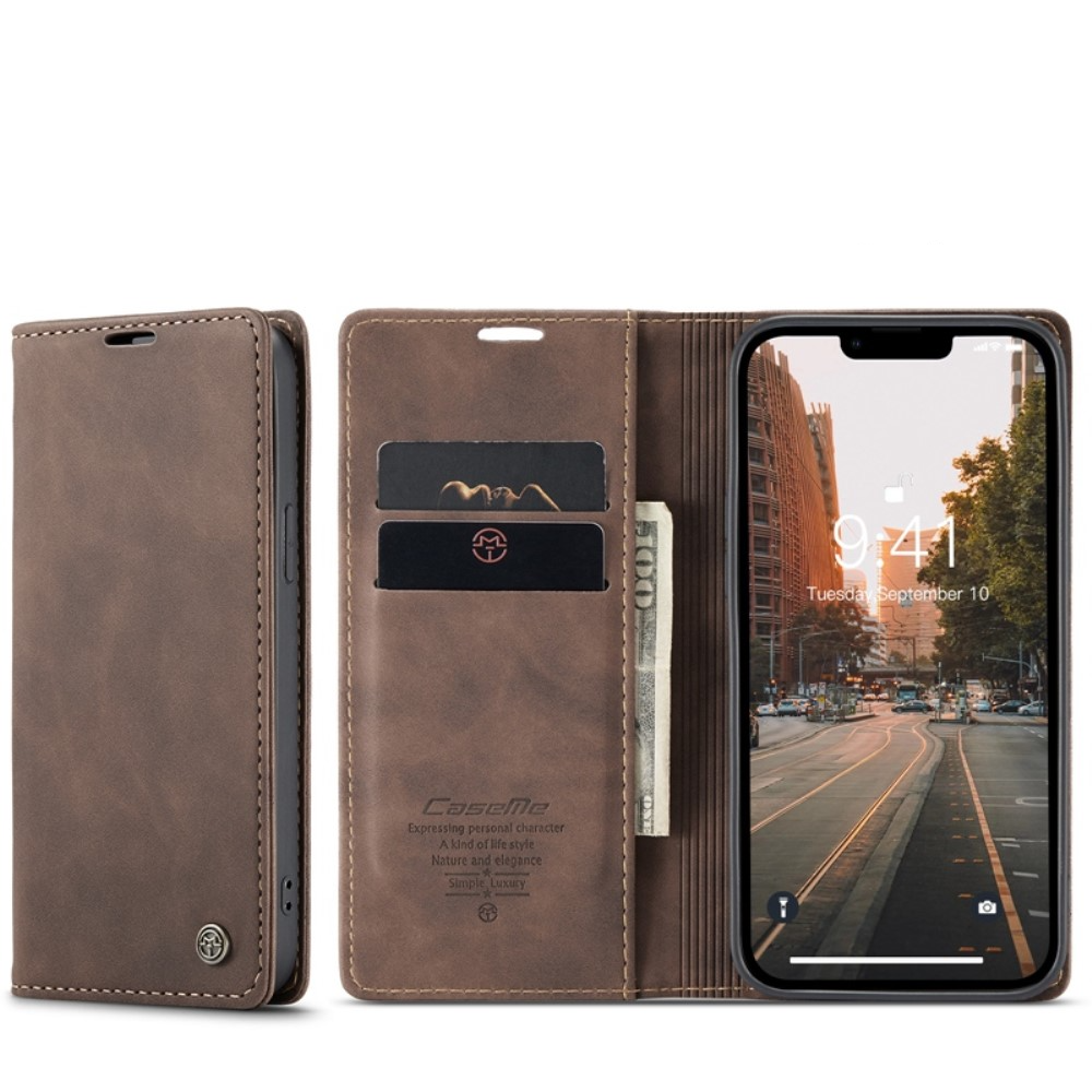 iPhone 14 Leder Tasche Flip Wallet Etui mit Kartenfächern - Braun